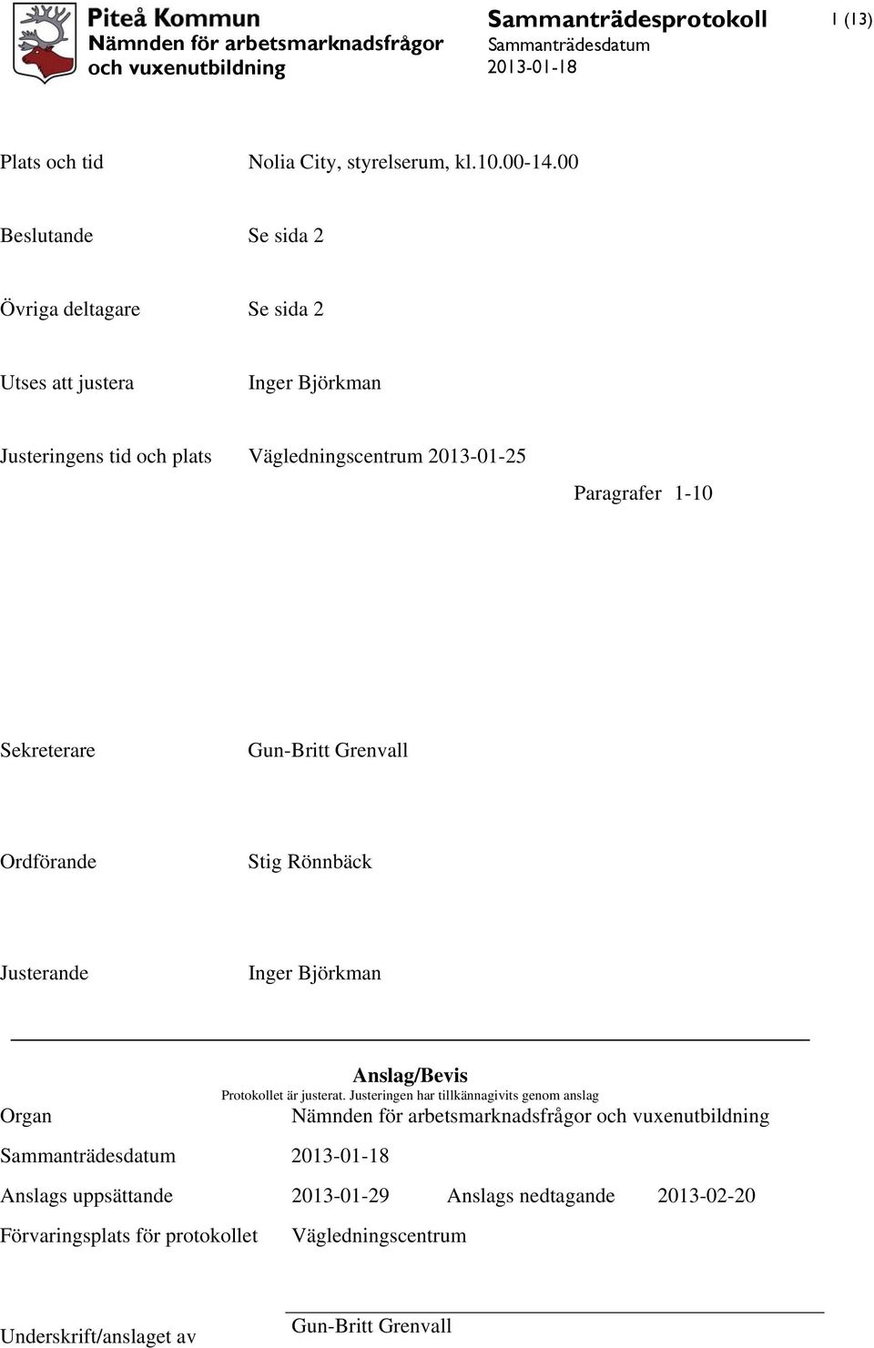 Paragrafer 1-10 Sekreterare Gun-Britt Grenvall Ordförande Stig Rönnbäck Justerande Inger Björkman Organ Anslag/Bevis Protokollet är justerat.