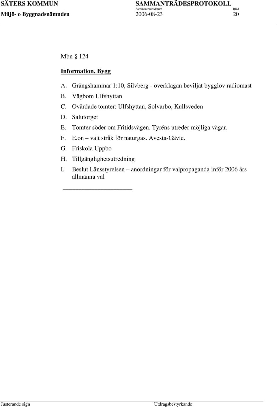 Ovårdade tomter: Ulfshyttan, Solvarbo, Kullsveden D. Salutorget E. Tomter söder om Fritidsvägen.