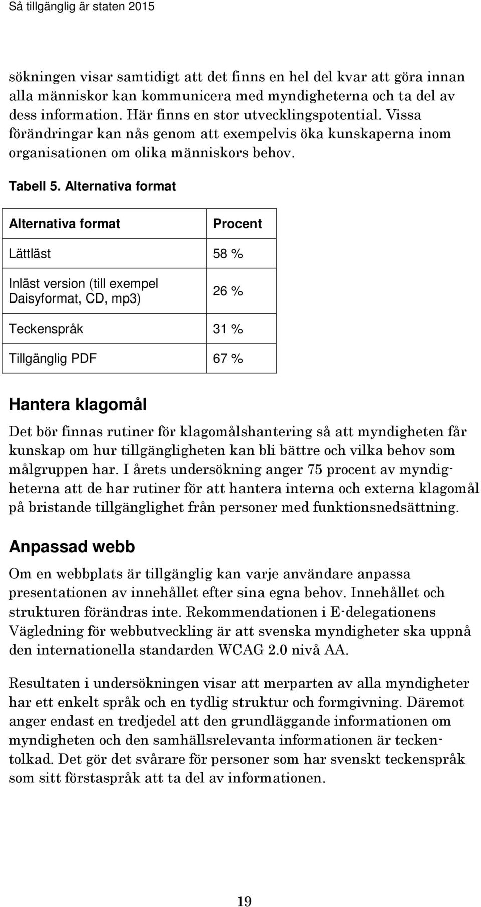 Alternativa format Alternativa format Procent Lättläst 58 % Inläst version (till exempel Daisyformat, CD, mp3) 26 % Teckenspråk 31 % Tillgänglig PDF 67 % Hantera klagomål Det bör finnas rutiner för