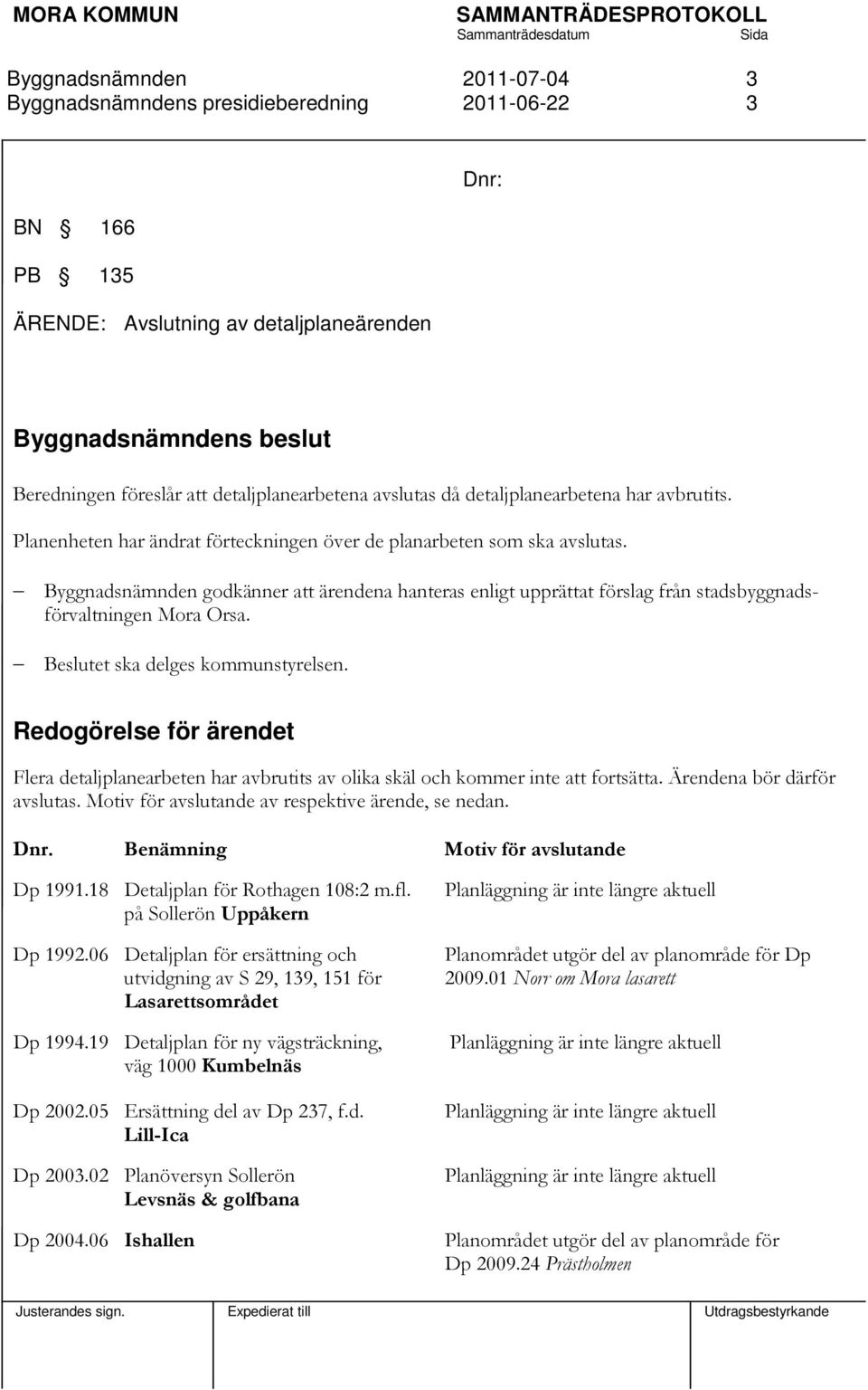 Beslutet ska delges kommunstyrelsen. Redogörelse för ärendet Flera detaljplanearbeten har avbrutits av olika skäl och kommer inte att fortsätta. Ärendena bör därför avslutas.