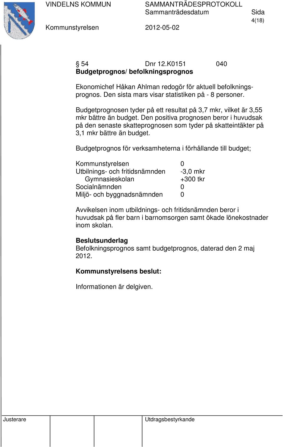 Den positiva prognosen beror i huvudsak på den senaste skatteprognosen som tyder på skatteintäkter på 3,1 mkr bättre än budget.