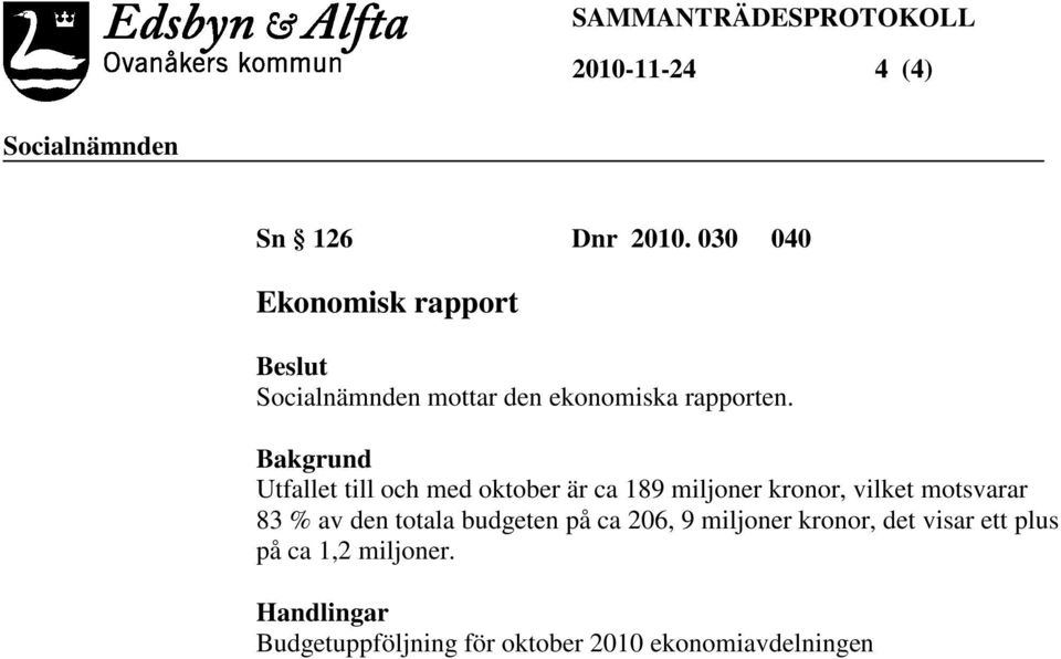 Bakgrund Utfallet till och med oktober är ca 189 miljoner kronor, vilket motsvarar 83