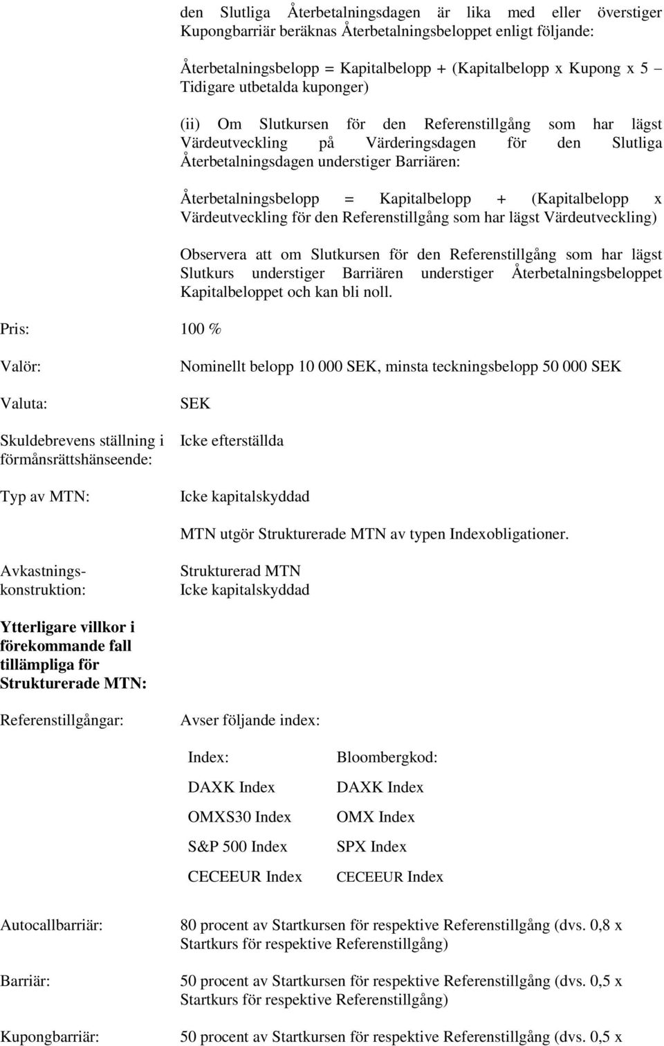 Återbetalningsbelopp = Kapitalbelopp + (Kapitalbelopp x Värdeutveckling för den Referenstillgång som har lägst Värdeutveckling) Observera att om Slutkursen för den Referenstillgång som har lägst