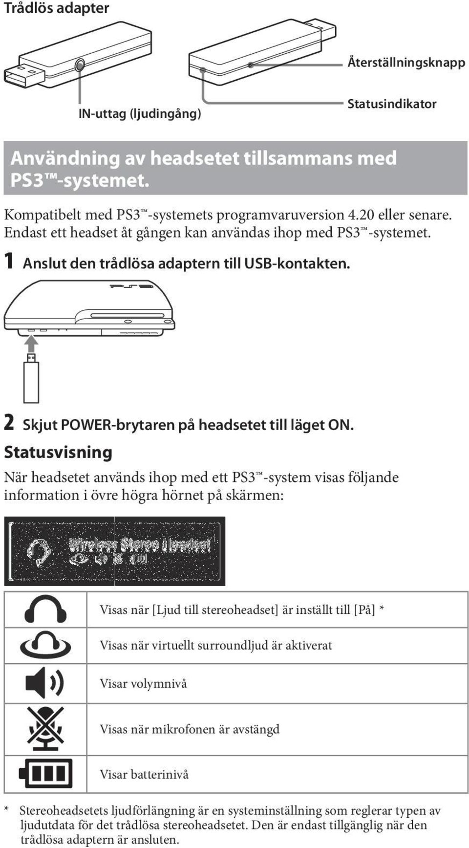 Statusvisning När headsetet används ihop med ett PS3 -system visas följande information i övre högra hörnet på skärmen: Visas när [Ljud till stereoheadset] är inställt till [På] * Visas när virtuellt