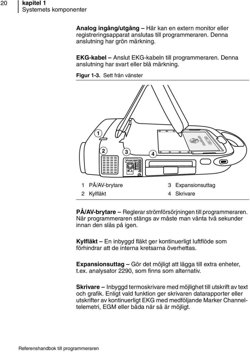 Sett från vänster 1 2 3 4 1 PÅ/AV-brytare 2 Kylfläkt 3 Expansionsuttag 4 Skrivare PÅ/AV-brytare Reglerar strömförsörjningen till programmeraren.