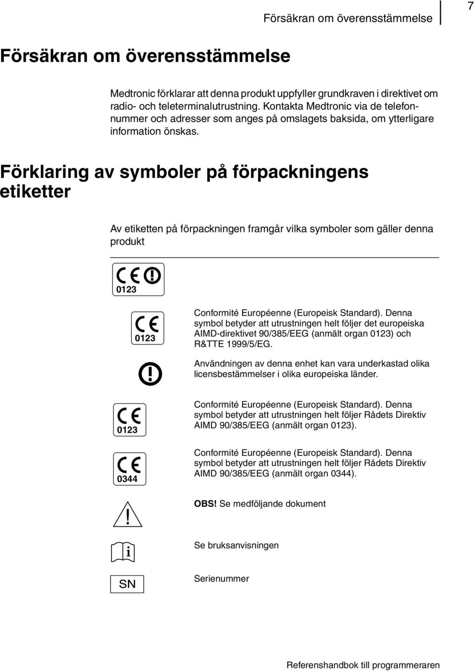 Förklaring av symboler på förpackningens etiketter Av etiketten på förpackningen framgår vilka symboler som gäller denna produkt 0123 0123 Conformité Européenne (Europeisk Standard).