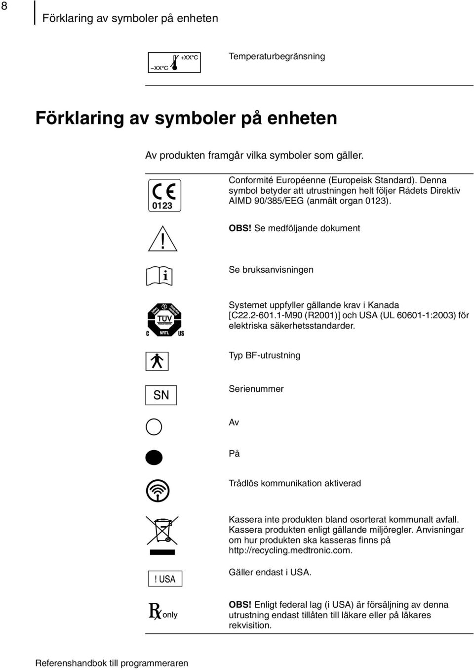 2-601.1-M90 (R2001)] och USA (UL 60601-1:2003) för elektriska säkerhetsstandarder.