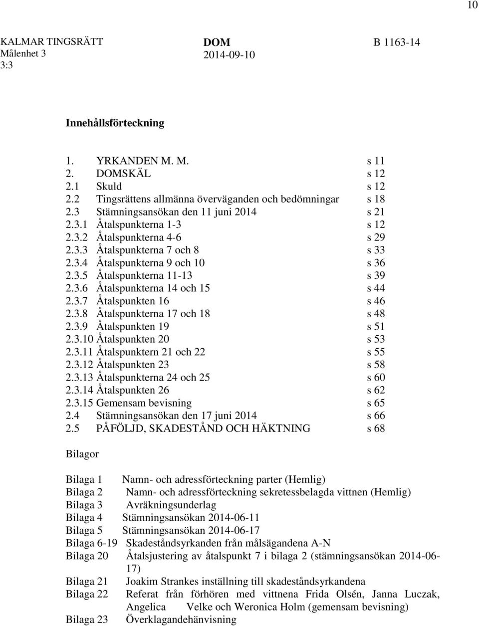 3.9 Åtalspunkten 19 s 51 2.3.10 Åtalspunkten 20 s 53 2.3.11 Åtalspunktern 21 och 22 s 55 2.3.12 Åtalspunkten 23 s 58 2.3.13 Åtalspunkterna 24 och 25 s 60 2.3.14 Åtalspunkten 26 s 62 2.3.15 Gemensam bevisning s 65 2.