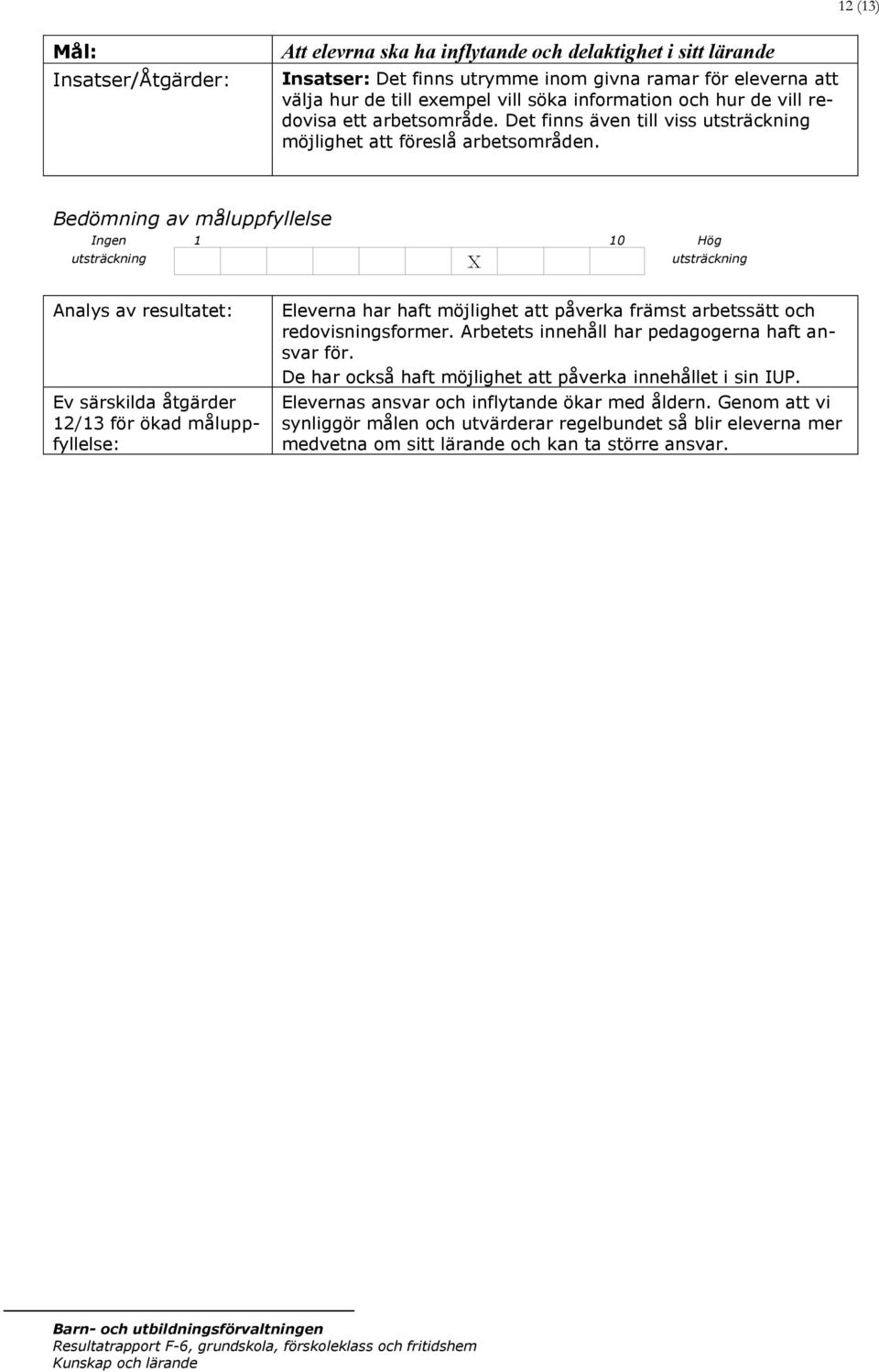 Bedömning av måluppfyllelse Analys av resultatet: Ev särskilda åtgärder 12/13 för ökad måluppfyllelse: Eleverna har haft möjlighet att påverka främst arbetssätt och redovisningsformer.