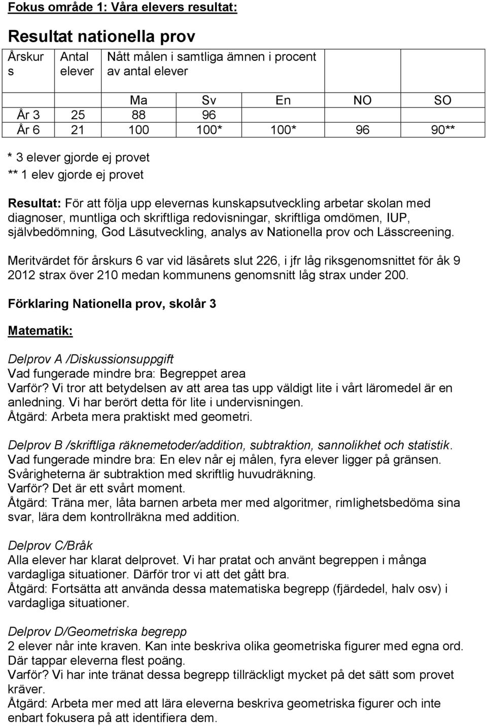 omdömen, IUP, självbedömning, God Läsutveckling, analys av Nationella prov och Lässcreening.