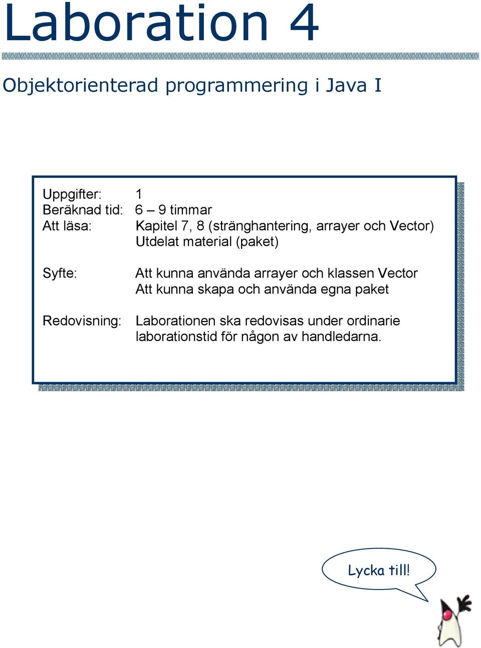 Att kunna använda arrayer och klassen Vector Att kunna skapa och använda egna paket