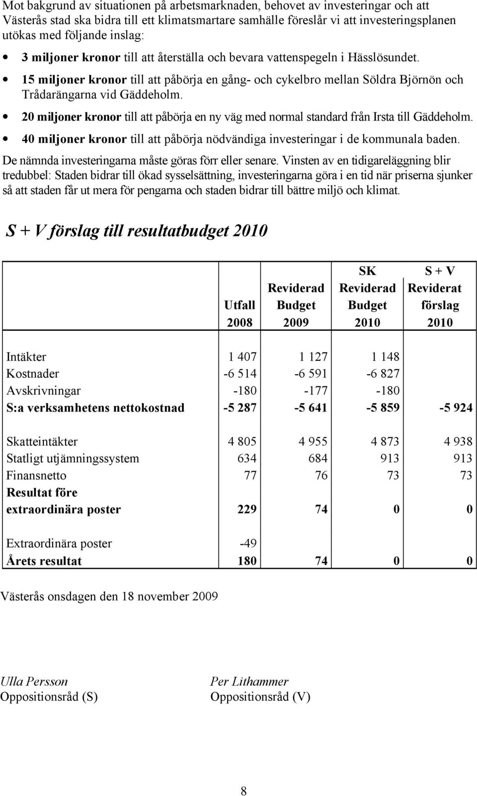 20 miljoner kronor till att påbörja en ny väg med normal standard från Irsta till Gäddeholm. 40 miljoner kronor till att påbörja nödvändiga investeringar i de kommunala baden.