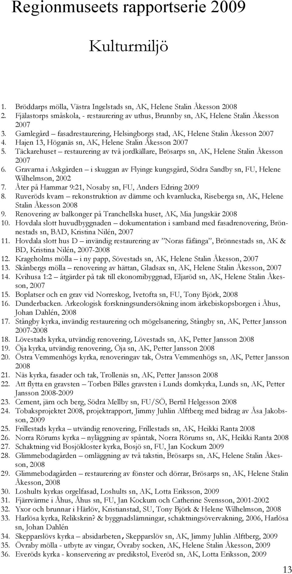 Hajen 13, Höganäs sn, AK, Helene Stalin Åkesson 2007 5. Täckarehuset restaurering av två jordkällare, Brösarps sn, AK, Helene Stalin Åkesson 2007 6.