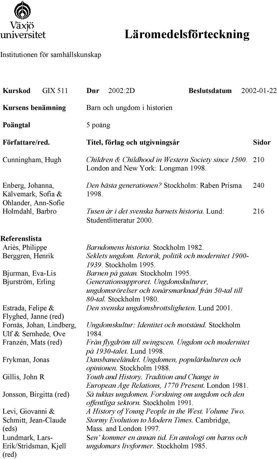 Tusen år i det svenska barnets historia. Lund: Studentlitteratur 2000. 240 216 Referenslista Ariès, Philippe Barndomens historia. Stockholm 1982. Berggren, Henrik Seklets ungdom.