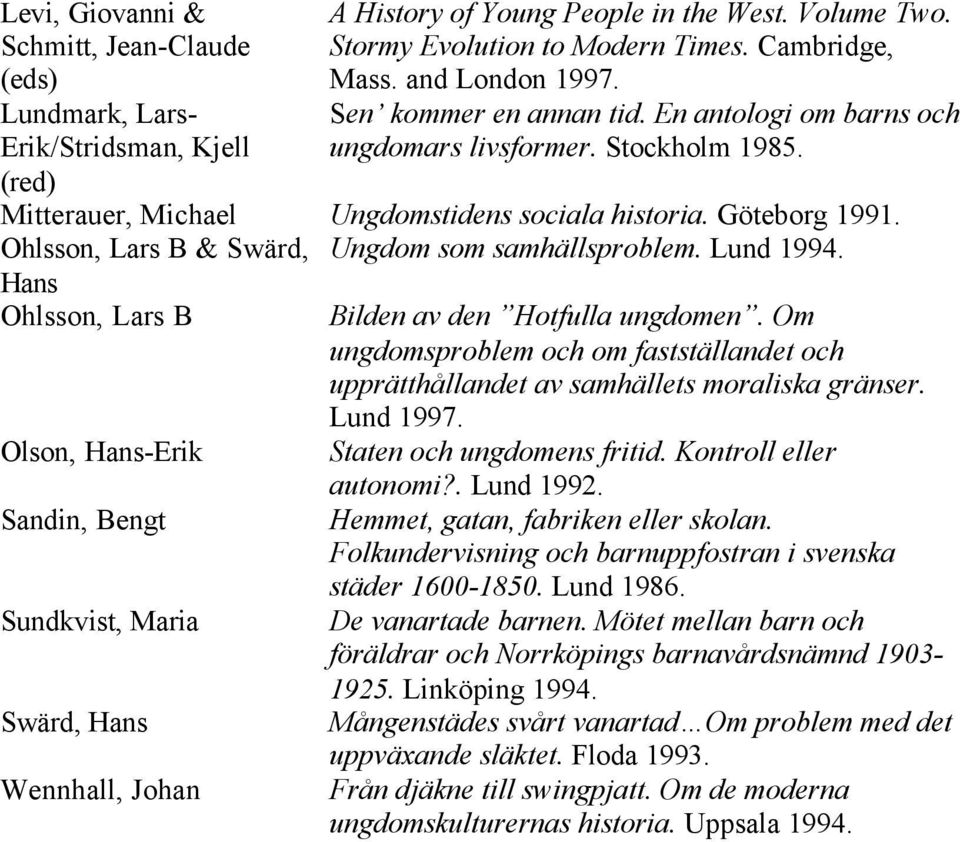 Ohlsson, Lars B & Swärd, Ungdom som samhällsproblem. Lund 1994. Hans Ohlsson, Lars B Bilden av den Hotfulla ungdomen.