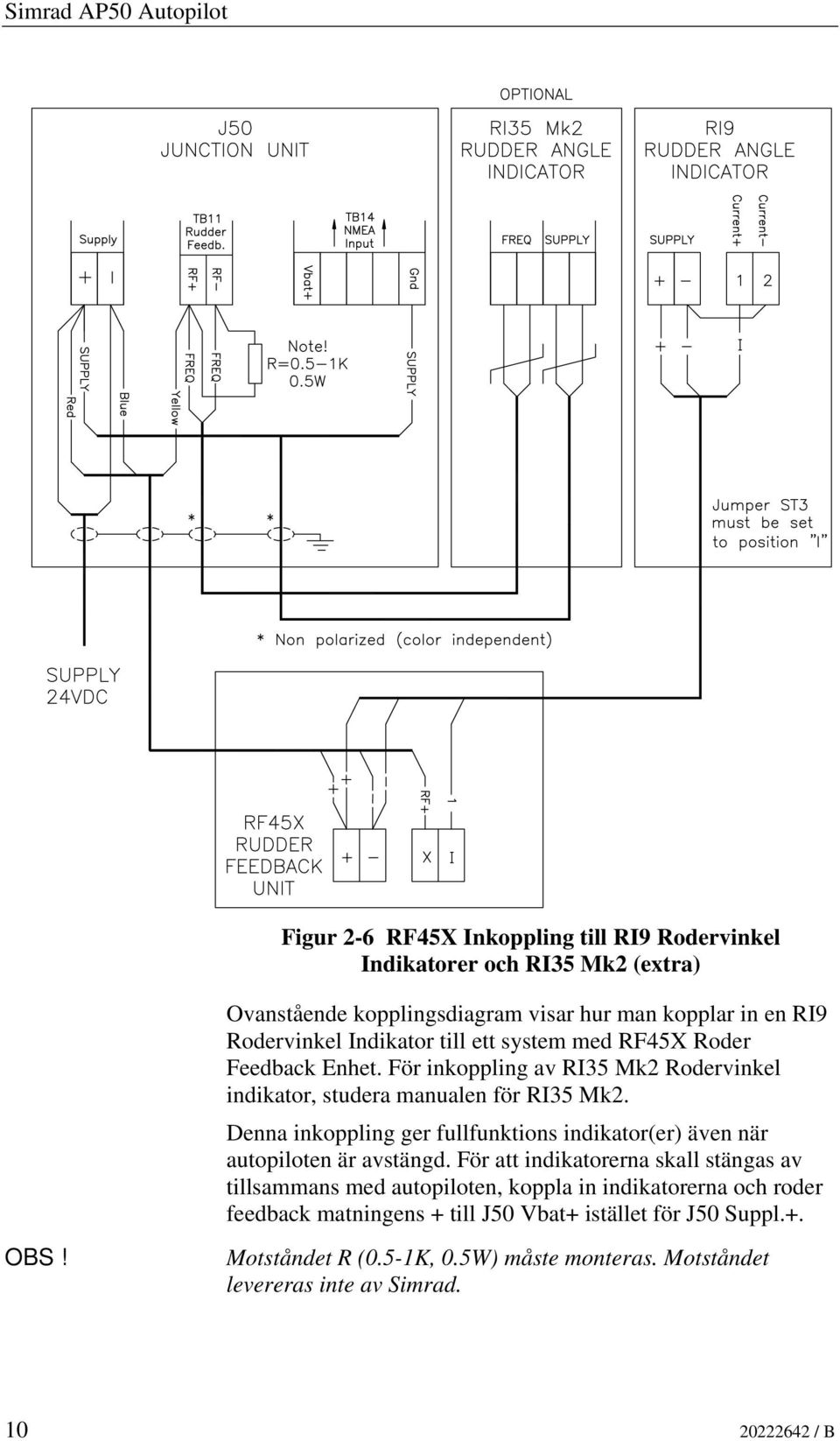 För inkoppling av RI35 Mk2 Rodervinkel indikator, studera manualen för RI35 Mk2. Denna inkoppling ger fullfunktions indikator(er) även när autopiloten är avstängd.