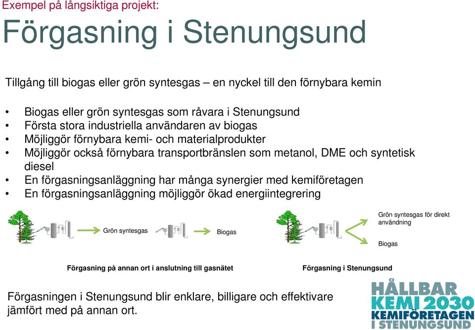 syntetisk diesel En förgasningsanläggning har många synergier med kemiföretagen En förgasningsanläggning möjliggör ökad energiintegrering Grön syntesgas Biogas Grön syntesgas för