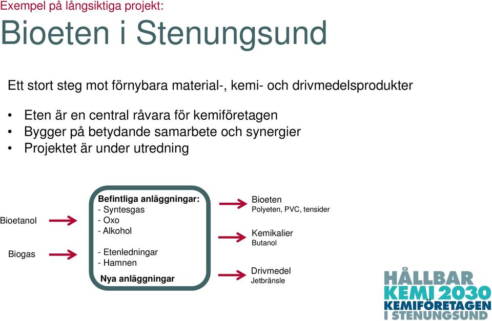 synergier Projektet är under utredning Bioetanol Biogas Befintliga anläggningar: - Syntesgas -Oxo -