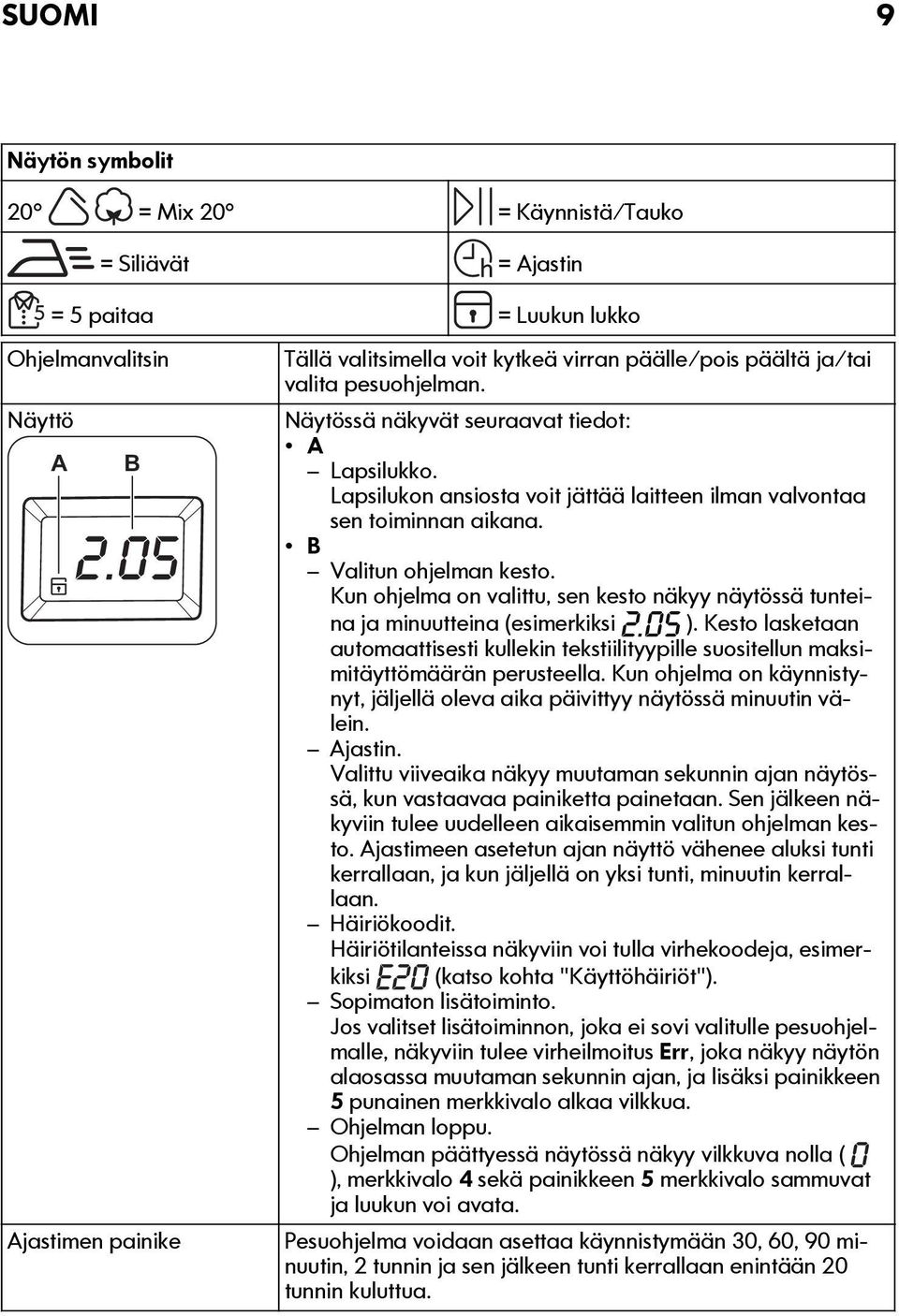 Kun ohjelma on valittu, sen kesto näkyy näytössä tunteina ja minuutteina (esimerkiksi ). Kesto lasketaan automaattisesti kullekin tekstiilityypille suositellun maksimitäyttömäärän perusteella.