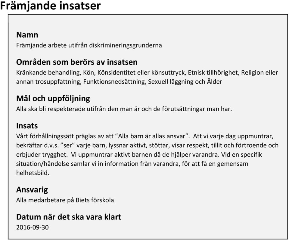 Insats Vårt förhållningssätt präglas av att Alla barn är allas ansvar. Att vi varje dag uppmuntrar, bekräftar d.v.s. ser varje barn, lyssnar aktivt, stöttar, visar respekt, tillit och förtroende och erbjuder trygghet.