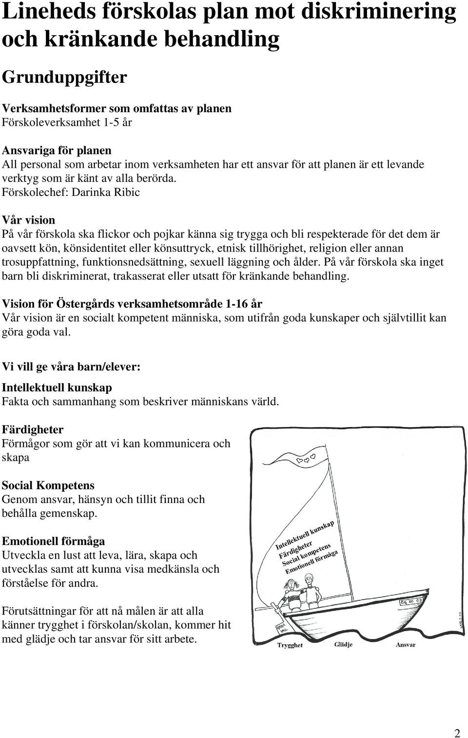 Förskolechef: Darinka Ribic Vår vision På vår förskola ska flickor och pojkar känna sig trygga och bli respekterade för det dem är oavsett kön, könsidentitet eller könsuttryck, etnisk tillhörighet,