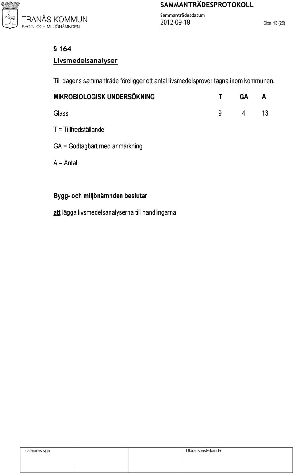 MIKROBIOLOGISK UNDERSÖKNING T GA A Glass 9 4 13 T = Tillfredställande