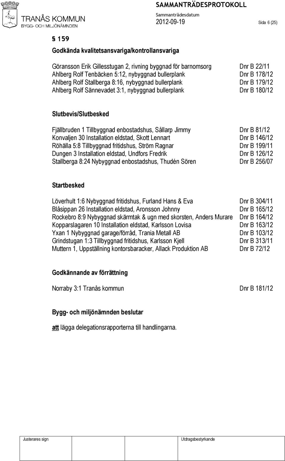 Tillbyggnad enbostadshus, Sållarp Jimmy Dnr B 81/12 Konvaljen 30 Installation eldstad, Skott Lennart Dnr B 146/12 Röhälla 5:8 Tillbyggnad fritidshus, Ström Ragnar Dnr B 199/11 Dungen 3 Installation