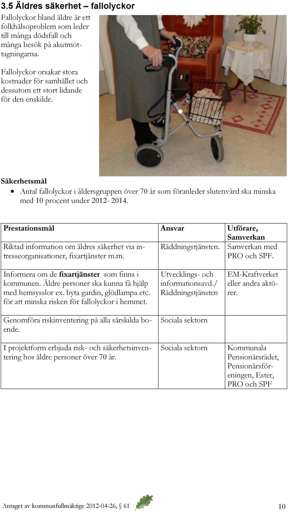 Säkerhetsmål Antal fallolyckor i åldersgruppen över 70 år som föranleder slutenvård ska minska med 10 procent under 2012-2014.