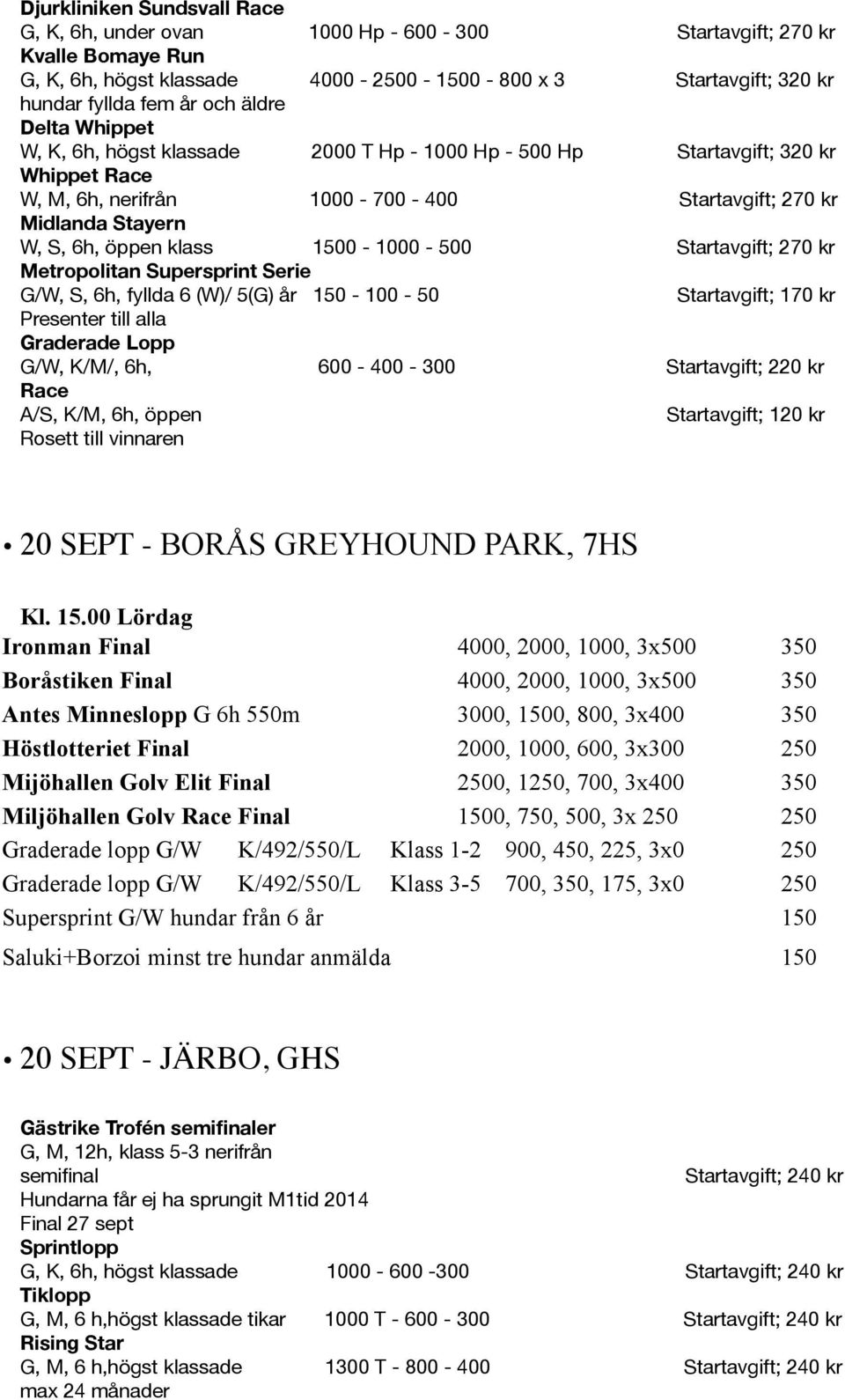 1500-1000 - 500 Startavgift; 270 kr Metropolitan Supersprint Serie G/W, S, 6h, fyllda 6 (W)/ 5(G) år 150-100 - 50 Startavgift; 170 kr Presenter till alla Graderade Lopp G/W, K/M/, 6h, 600-400 - 300