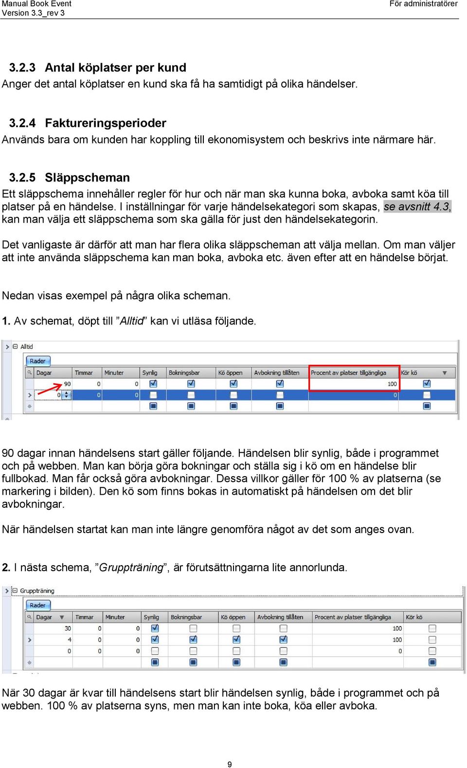 I inställningar för varje händelsekategori som skapas, se avsnitt 4.3, kan man välja ett släppschema som ska gälla för just den händelsekategorin.