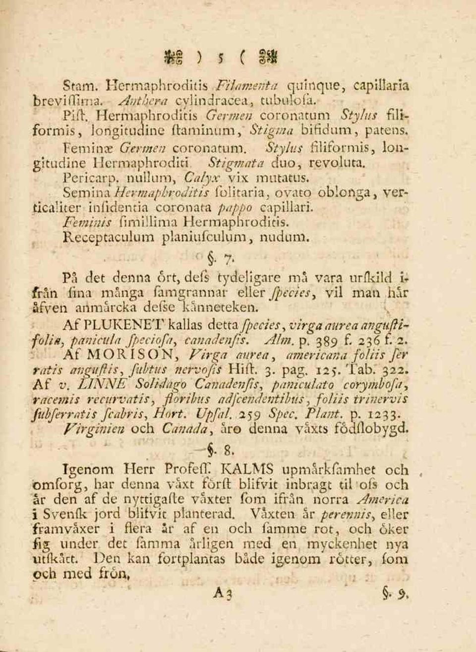 nullum, Calyx vix mutatus. Semina Hermaphroditis folitaria, ovato oblonga, verticaliter infidentia coronata papho capillari. Feminis fi millim a Hermaphroditis. Receptaculum planiufculum, nudum. " 7.