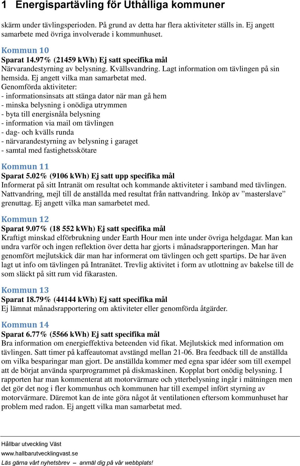 Genomförda aktiviteter: - informationsinsats att stänga dator när man gå hem - minska belysning i onödiga utrymmen - byta till energisnåla belysning - information via mail om tävlingen - dag- och