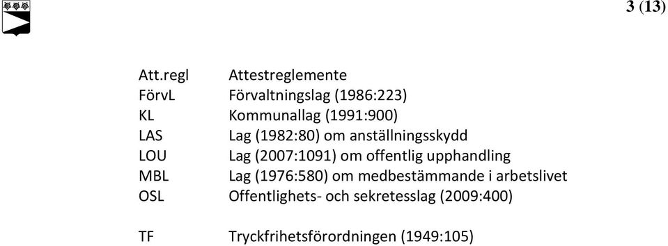 (1991:900) LAS Lag (1982:80) om anställningsskydd LOU Lag (2007:1091) om