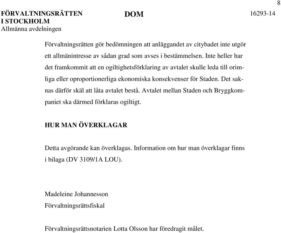 Det saknas därför skäl att låta avtalet bestå. Avtalet mellan Staden och Bryggkompaniet ska därmed förklaras ogiltigt.