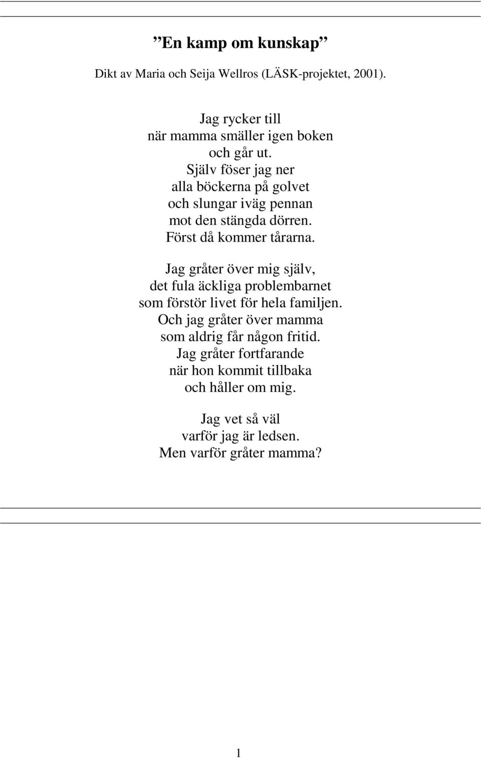 Jag gråter över mig själv, det fula äckliga problembarnet som förstör livet för hela familjen.