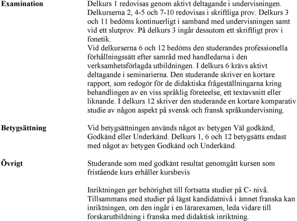 Vid delkurserna 6 och 12 bedöms den studerandes professionella förhållningssätt efter samråd med handledarna i den verksamhetsförlagda utbildningen. I delkurs 6 krävs aktivt deltagande i seminarierna.