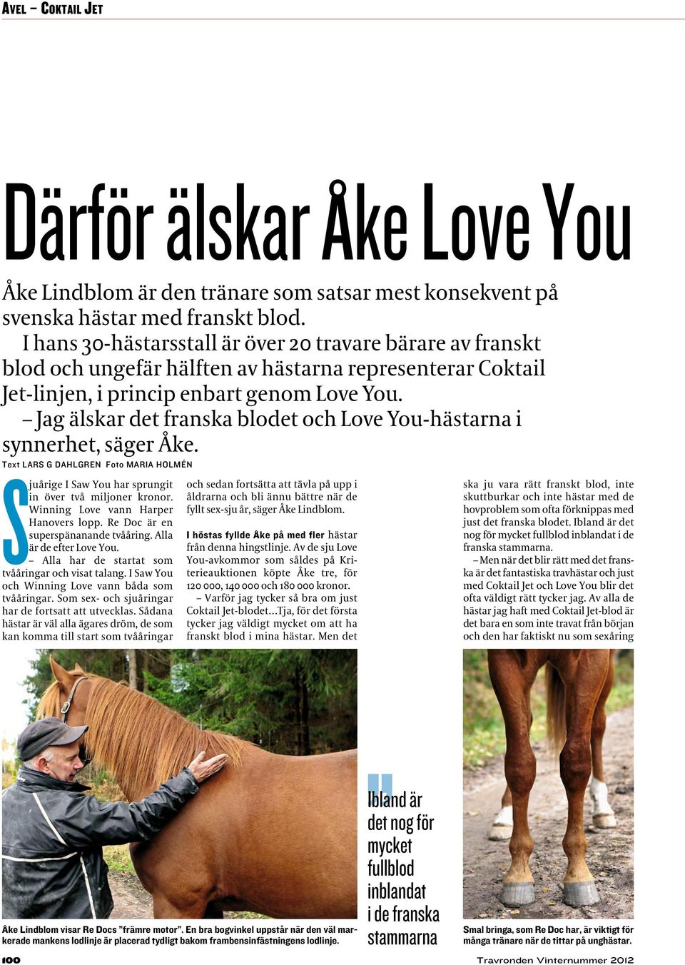 Jag älskar det franska blodet och Love You-hästarna i synnerhet, säger Åke. Text LARS G DAHLGREN Foto MARIA HOLMÉN Sjuårige I Saw You har sprungit in över två miljoner kronor.