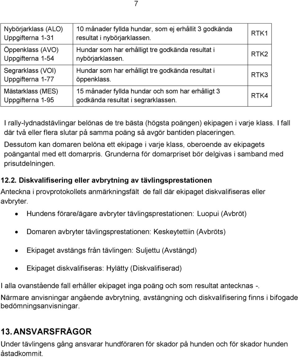 15 månader fyllda hundar och som har erhålligt 3 godkända resultat i segrarklassen. RTK1 RTK2 RTK3 RTK4 I rally-lydnadstävlingar belönas de tre bästa (högsta poängen) ekipagen i varje klass.