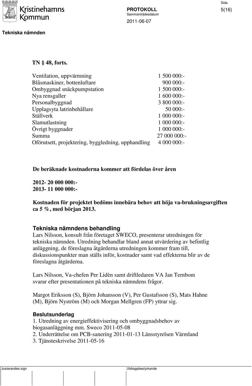 000:- Ställverk 1 000 000:- Slamutlastning 1 000 000:- Övrigt byggnader 1 000 000:- Summa 27 000 000:- Oförutsett, projektering, byggledning, upphandling 4 000 000:- De beräknade kostnaderna kommer