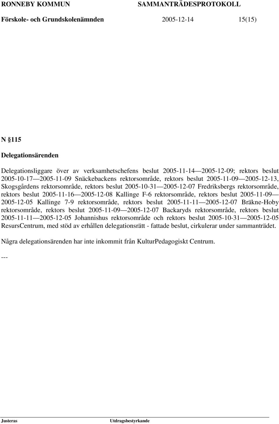 Kallinge F-6 rektorsområde, rektors beslut 2005-11-09 2005-12-05 Kallinge 7-9 rektorsområde, rektors beslut 2005-11-11 2005-12-07 Bräkne-Hoby rektorsområde, rektors beslut 2005-11-09 2005-12-07