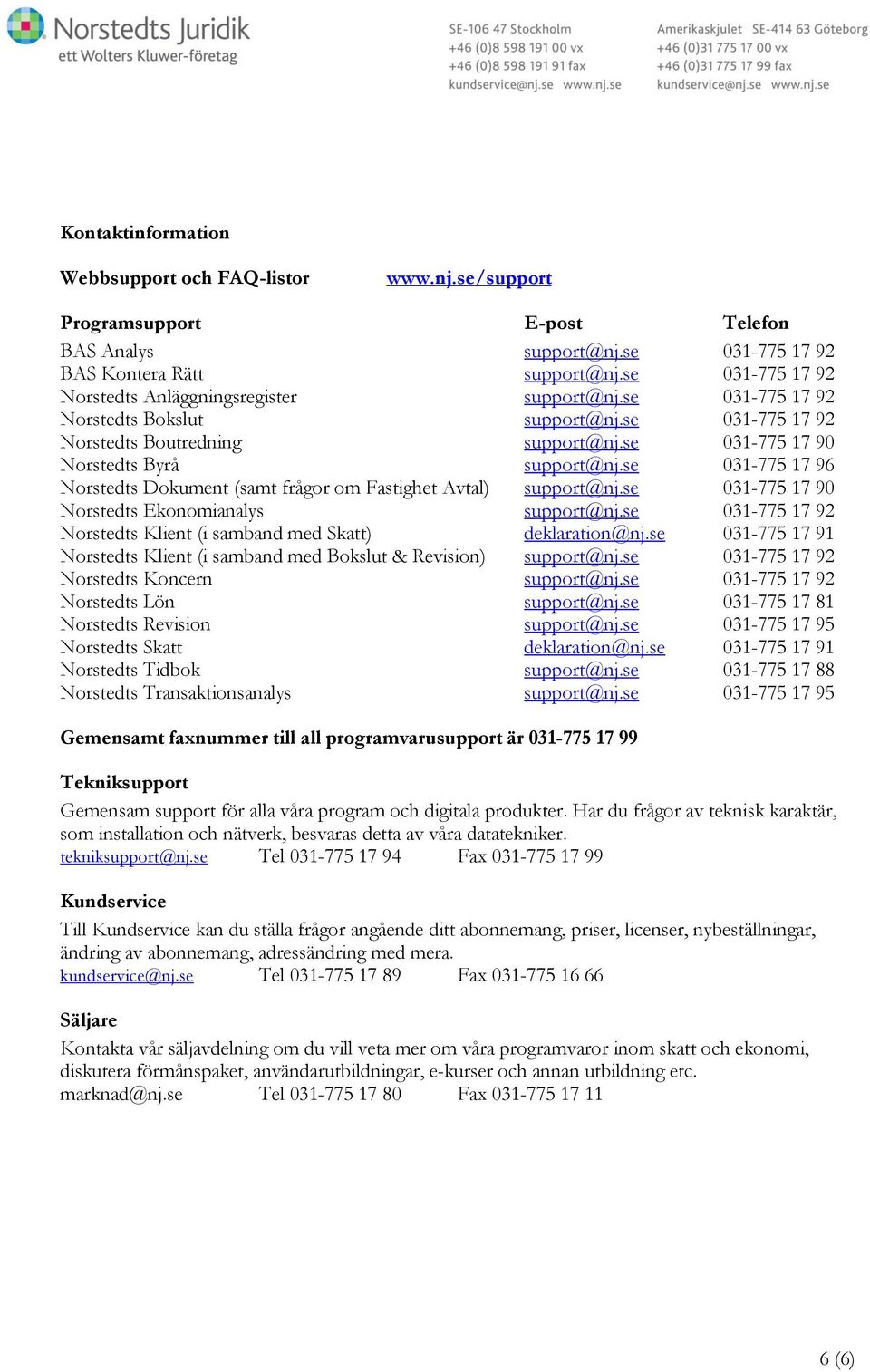 se 031-775 17 96 Norstedts Dokument (samt frågor om Fastighet Avtal) support@nj.se 031-775 17 90 Norstedts Ekonomianalys support@nj.