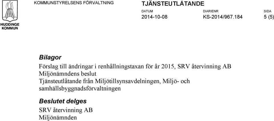 184 5 (5) Bilagor Förslag till ändringar i renhållningstaxan för år 2015, SRV