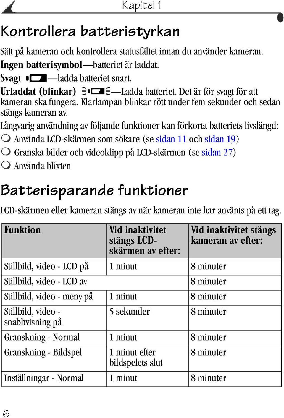 Långvarig användning av följande funktioner kan förkorta batteriets livslängd: Använda LCD-skärmen som sökare (se sidan 11 och sidan 19) Granska bilder och videoklipp på LCD-skärmen (se sidan 27)