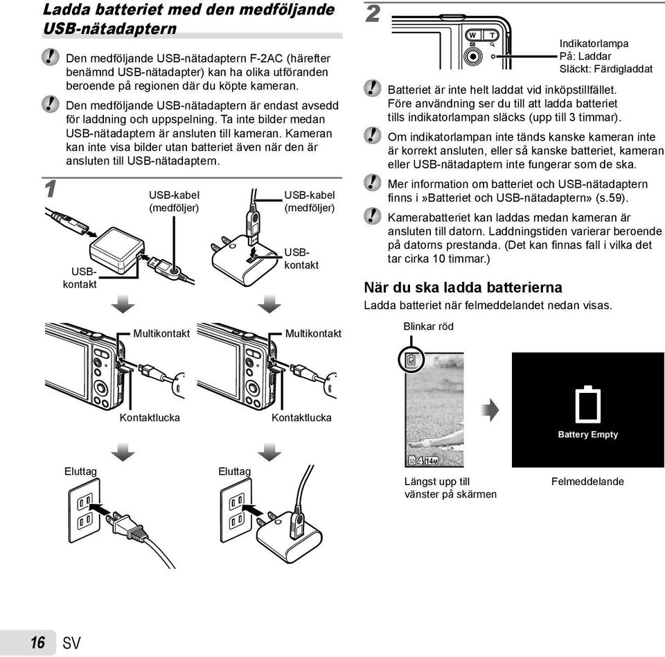 Kameran kan inte visa bilder utan batteriet även när den är ansluten till USB-nätadaptern.