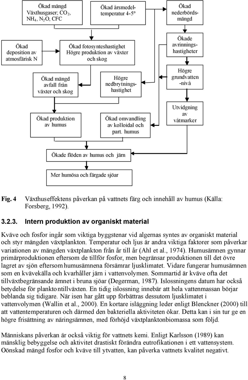 humus Utvidgning av våtmarker Ökade flöden av humus och järn Mer humösa och färgade sjöar Fig. 4 Växthuseffektens påverkan på vattnets färg och innehåll av humus (Källa: Forsberg, 1992). 3.
