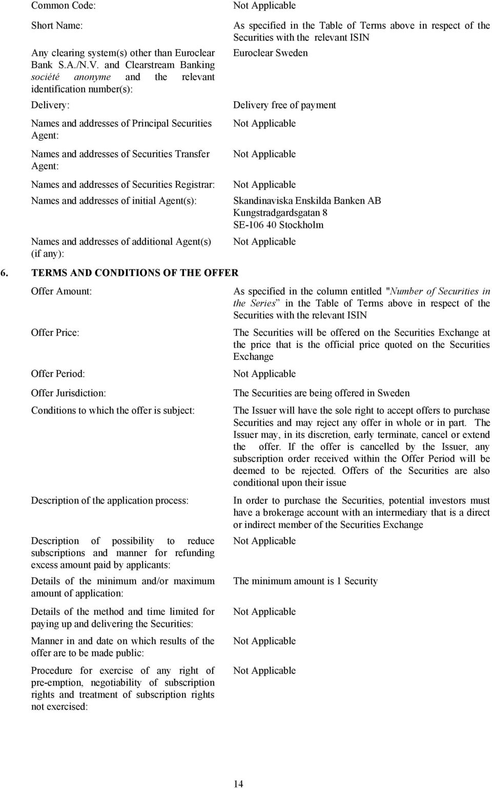 and addresses of Securities Registrar: Names and addresses of initial Agent(s): Names and addresses of additional Agent(s) (if any): TERMS AND CONDITIONS OF THE OFFER Offer Amount: Offer Price: Offer