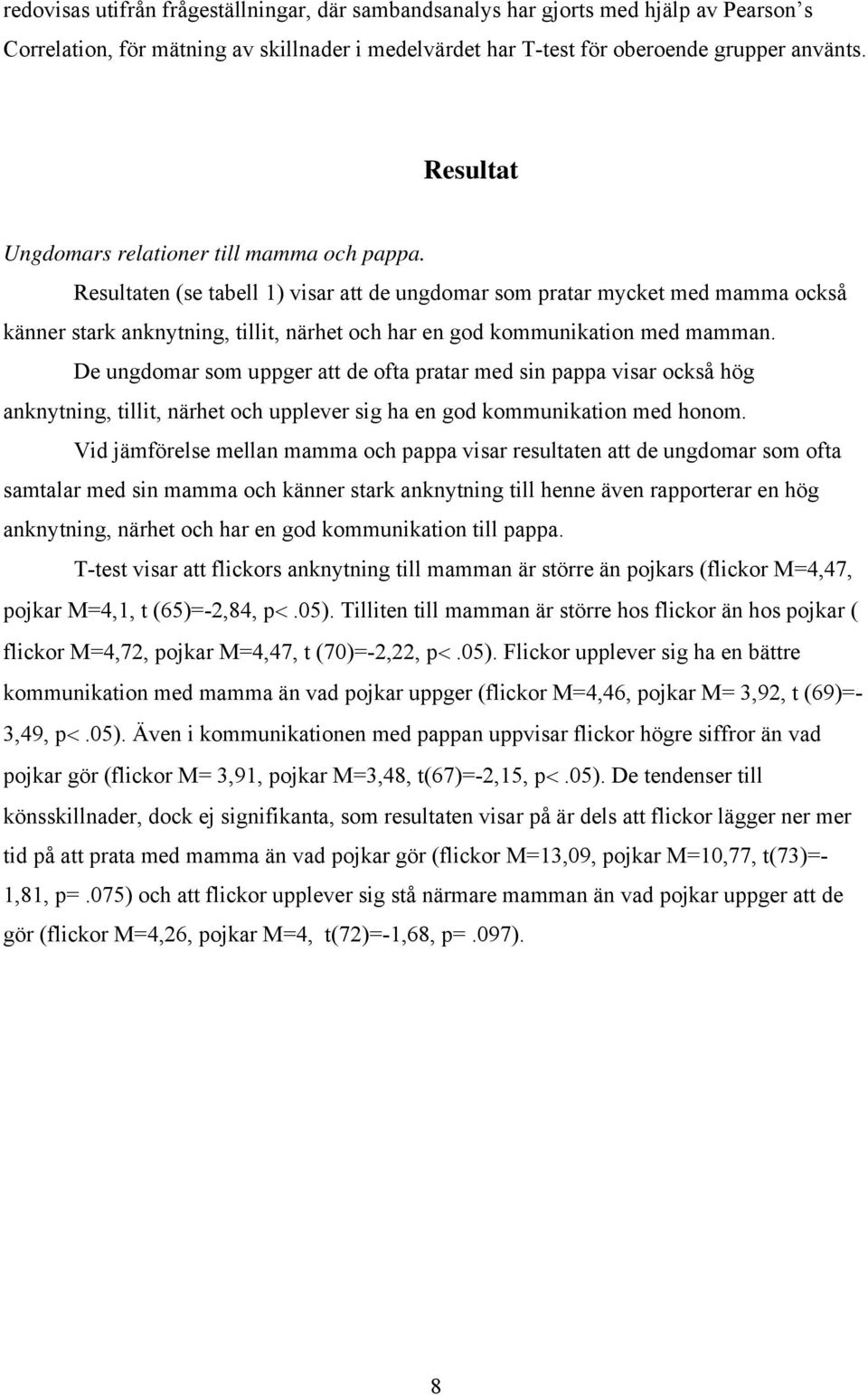 Resultaten (se tabell 1) visar att de ungdomar som pratar mycket med mamma också känner stark anknytning, tillit, närhet och har en god kommunikation med mamman.