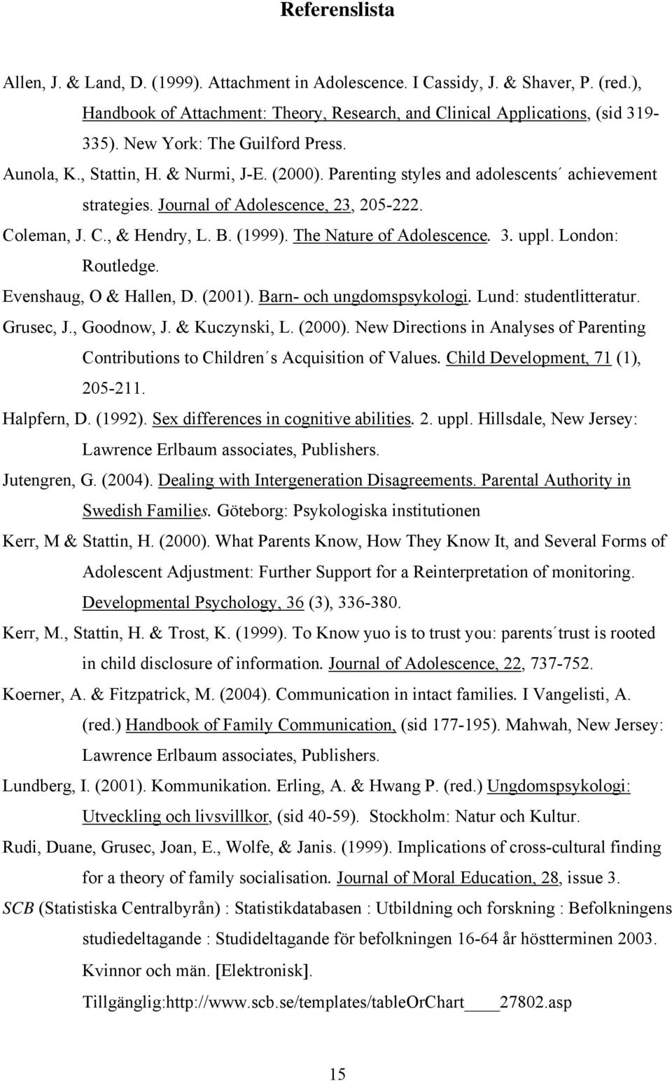 B. (1999). The Nature of Adolescence. 3. uppl. London: Routledge. Evenshaug, O & Hallen, D. (2001). Barn- och ungdomspsykologi. Lund: studentlitteratur. Grusec, J., Goodnow, J. & Kuczynski, L. (2000).