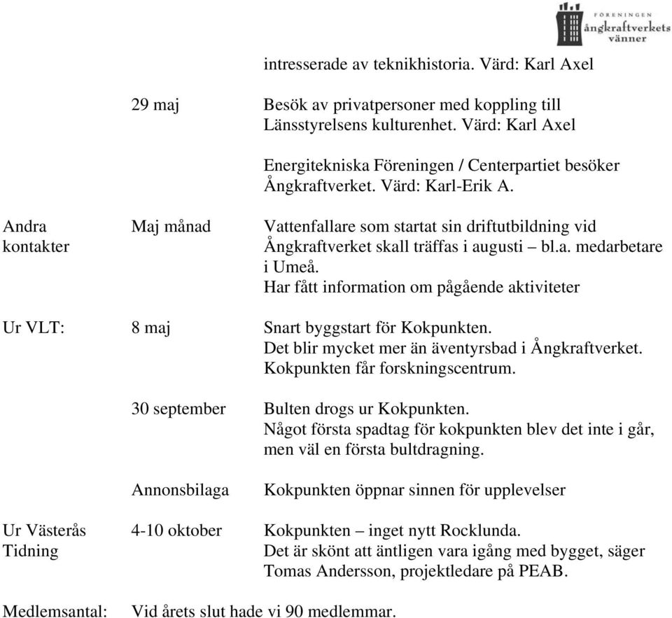 Andra kontakter Maj månad Vattenfallare som startat sin driftutbildning vid Ångkraftverket skall träffas i augusti bl.a. medarbetare i Umeå.