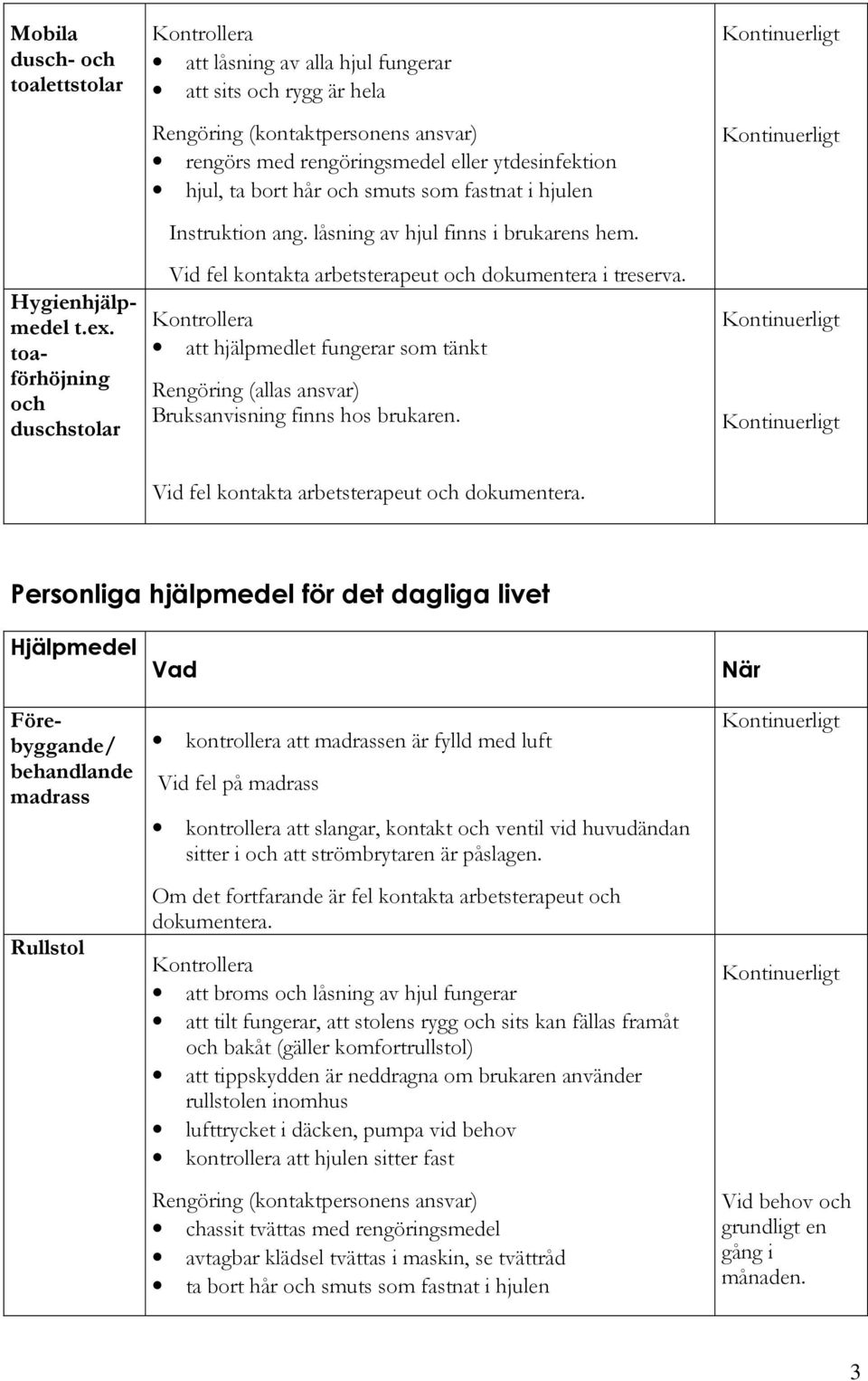 ang. låsning av hjul finns i brukarens hem. (allas ansvar) Vid fel kontakta arbetsterapeut och dokumentera.